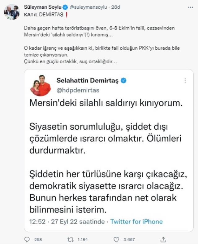 Bakan Soylu, Mersin'deki terör saldırısını kınayan Demirtaş'a çok sert sözlerle yüklendi: İğrenç ve aşağılıksın