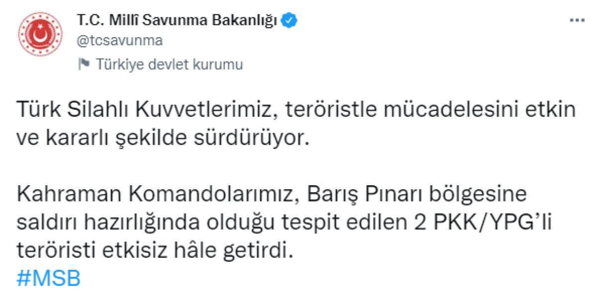 Barış Pınarı bölgesinde saldırı hazırlığındaki 2 terörist öldürüldü #1
