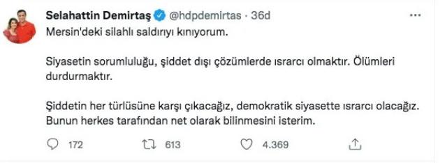Mersin'de 1 polisin şehit olduğu saldırıyla ilgili bir yorum da cezaevindeki Demirtaş'tan geldi