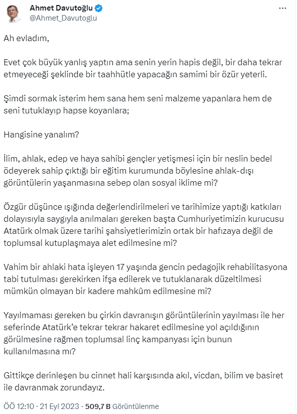 Davutoğlu, Atatürk'ün fotoğrafıyla uygunsuz hareketler yapan gencin tutuklanmasına tepki gösterdi