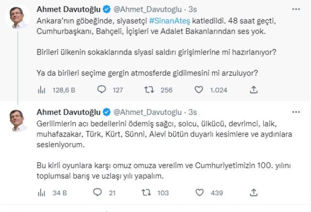 Davutoğlu: 'Sinan Ateş Katledildi. 48 Saat Geçti, Cumhurbaşkanı, Bahçeli, İçişleri ve Adalet Bakanlarından Ses Yok'