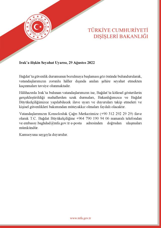Dışişleri Bakanlığı'ndan Irak uyarısı: Zorunlu haller dışında seyahat etmeyin