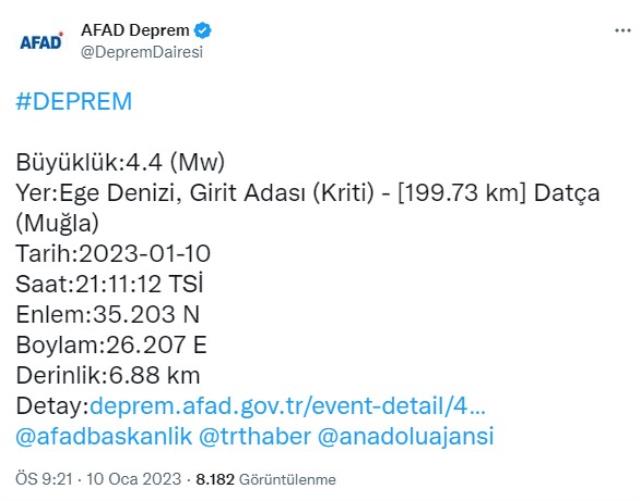 Ege Denizi'nde 4,4 büyüklüğünde deprem
