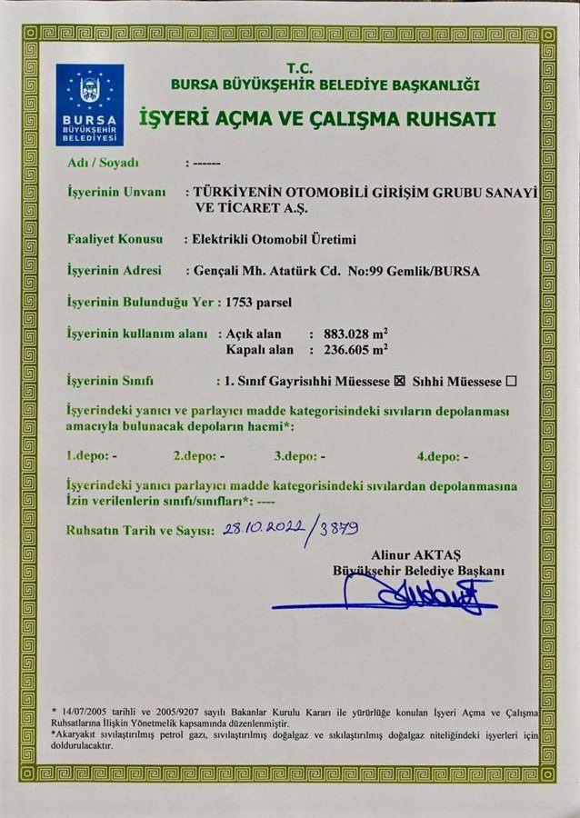 <p>Togg'a Bursa Büyükşehir Belediyesi Başkanlığınca 28 Ekim 2022 tarih ve 3879 sayı ile 