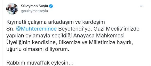 İçişleri Bakanı Soylu'dan Muhterem İnce'nin AYM üyeliğine seçilmesine ilk yorum