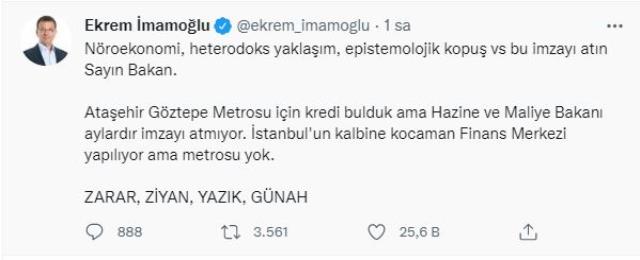 İmamoğlu, Bakan Nebati'nin çok konuşulan sözlerini alıntılayarak Metroyla ilgili tepki gösterdi