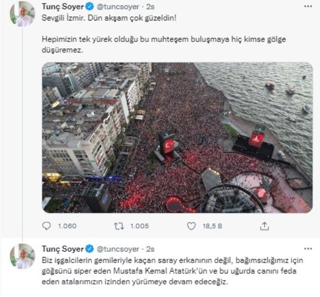 İzmir'in kurtuluş yıl dönümünde yaptığı konuşma nedeniyle tepki çeken Tunç Soyer'den eleştirilere yanıt: Atatürk'ün izin yürümeye devam edeceğiz