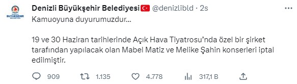 Ödül törenindeki sözleri tepki çeken Mabel Matiz ve Melike Şahin''in Denizli konseri iptal edildi Ödül törenindeki sözleri tepki çeken Mabel Matiz ve Melike Şahin''in Denizli konseri iptal edildi