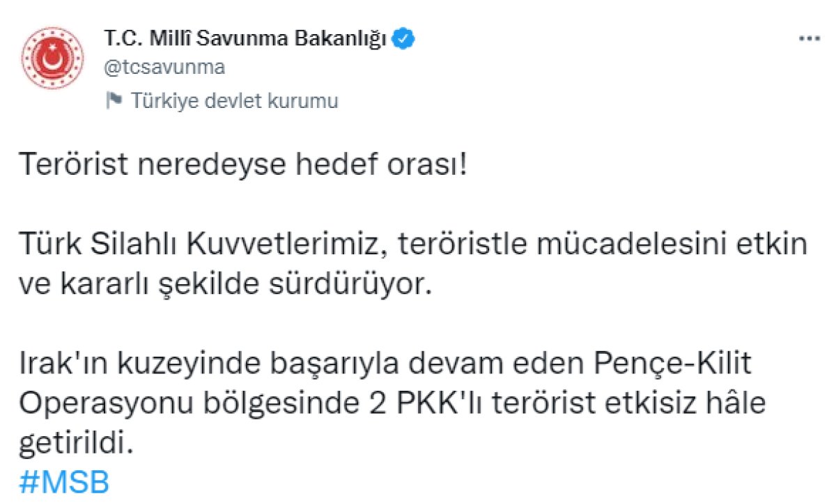 MSB: Pençe-Şimşek bölgesinde 2 terörist öldürüldü #1