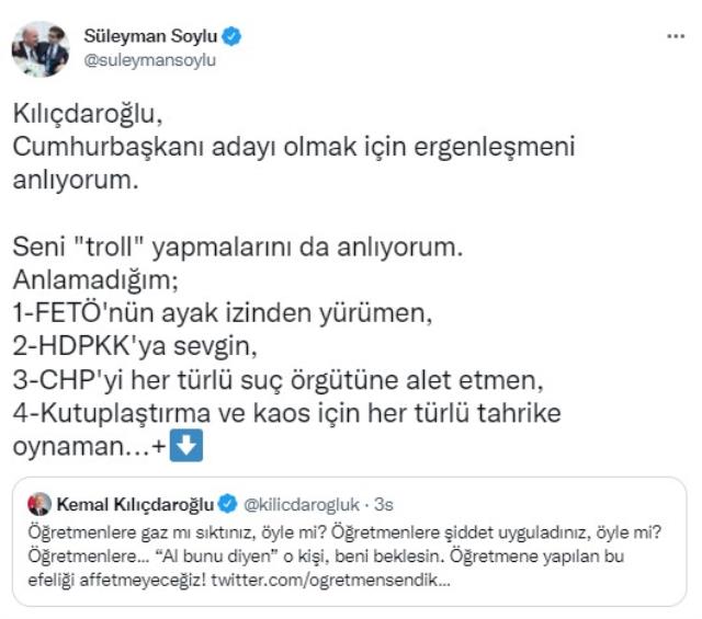Özel sektör öğretmenlerinin gözaltına alınmasına tepki gösteren Kılıçdaroğlu'na Bakan Soylu'dan yanıt gecikmedi