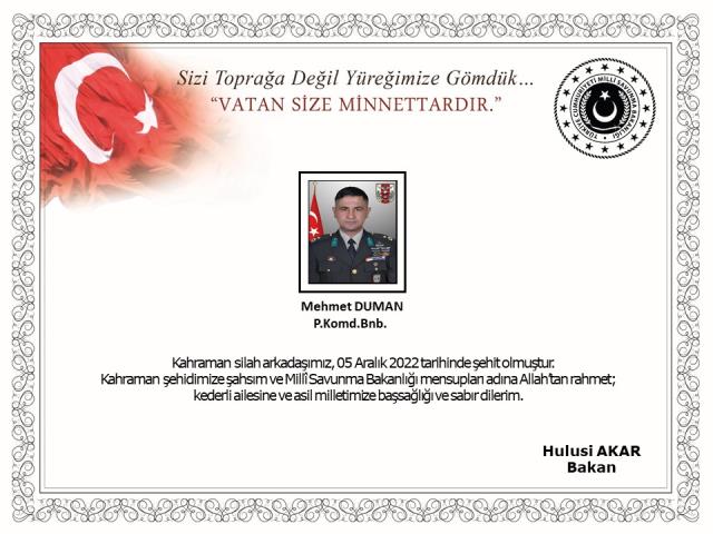 Pençe Kilit'ten acı haber geldi: Binbaşı şehit oldu