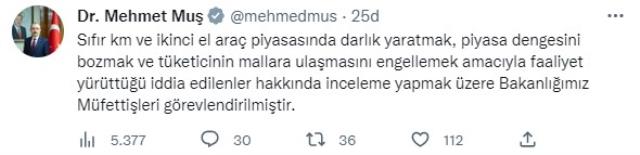 Bakan Muş: 'Sıfır ve ikinci el araç piyasasında darlık yaratmak ve piyasa dengesini bozmak amacıyla faaliyet yürüttüğü iddia edilenler hakkında...