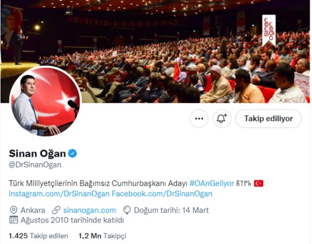 Sinan Oğan sosyal medya hesabının profiline 'Cumhurbaşkanı adayı' yazdı