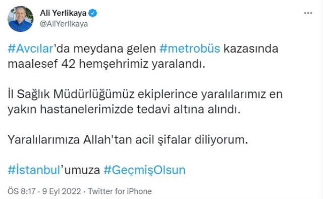 Son Dakika: İstanbul Valisi Ali Yerlikaya'dan Avcılar'daki metrobüs kazasına ilişkin ilk açıklama: 42 hemşehrimiz yaralandı