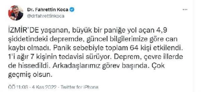 Son Dakika! Sağlık Bakanı Koca: İzmir'de depremden panik sebebiyle 64 kişi etkilendi, 1'i ağır 7 kişinin tedavisi sürüyor