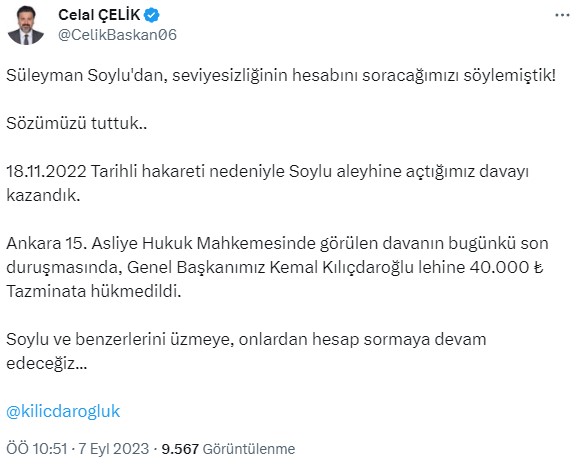 Kılıçdaroğlu, Soylu'ya karşı tazminat davasını kazandı