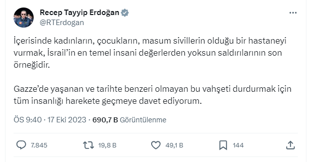 Son Dakika: İsrail'in hastane katliamı sonrası Cumhurbaşkanı Erdoğan'dan dünyaya çağrı: Tüm insanlığı harekete geçmeye davet ediyorum