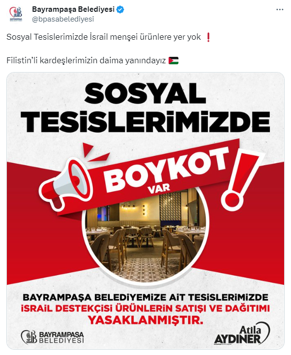 İstanbul'un 24 ilçe belediyesi, İsrail ürünlerine boykot kampanyası başlattı