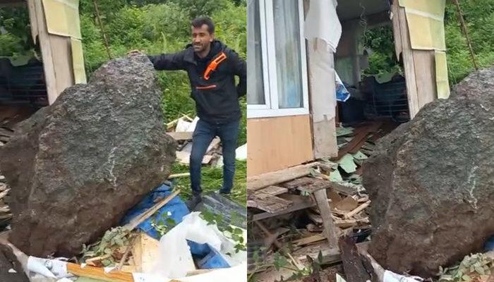 Büyük korku yaşandı! Artvin'de yamaçtan kopan kaya evin duvarını yıktı