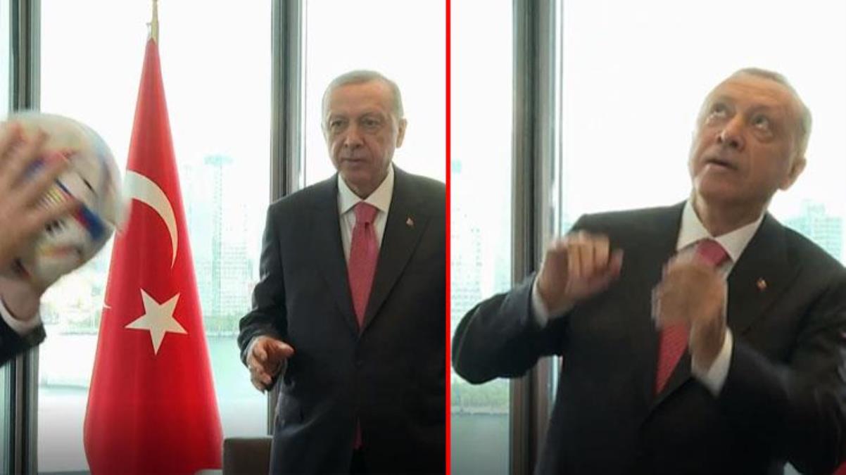 Cumhurbaşkanı Erdoğan, FIFA Başkanı Infantino'nun hediye ettiği futbol topuna kafa attı