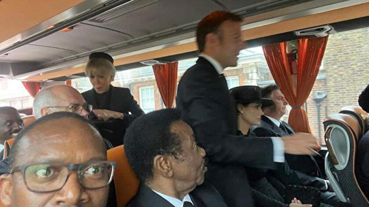 Kraliçe'nin cenazesine otobüste ayakta duran Macron'un görüntüleri olay oldu: Muavin Macron