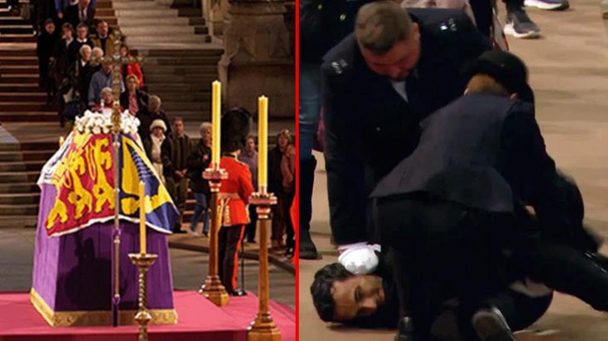 Kraliçe'nin tabutu başında korku dolu anlar! Polisler yere yatırıp gözaltına aldı