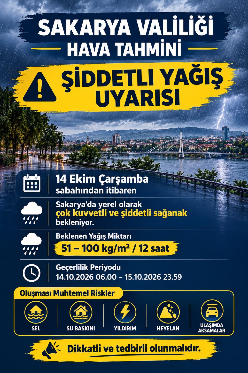 Sakarya Valiliği uyardı: Kuvvetli ve şiddetli yağış bekleniyor!